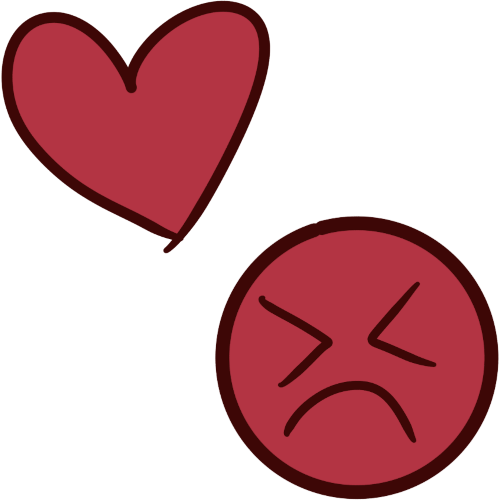 image of a disgusted red face next to a red heart